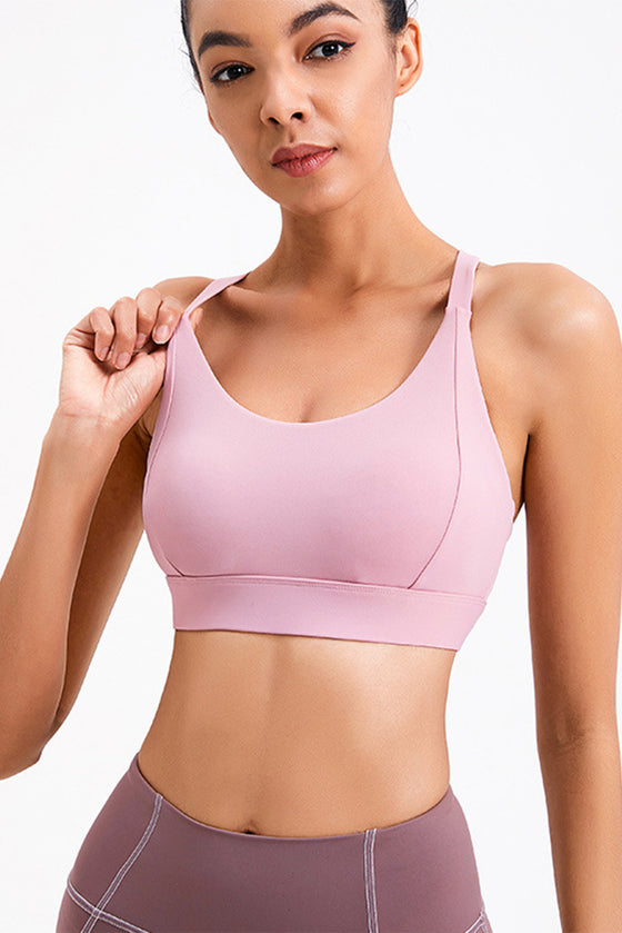 LC264638-P10-S, LC264638-P10-M, LC264638-P10-L, LC264638-P10-XL, Pink Solid Color Criss Cross Back Push Up Sports Bra