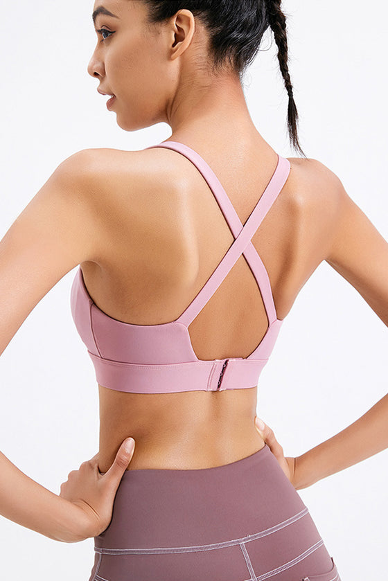 LC264638-P10-S, LC264638-P10-M, LC264638-P10-L, LC264638-P10-XL, Pink Solid Color Criss Cross Back Push Up Sports Bra