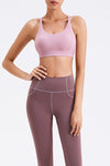 LC264638-P10-S, LC264638-P10-M, LC264638-P10-L, LC264638-P10-XL, Pink Solid Color Criss Cross Back Push Up Sports Bra