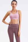 LC264638-P10-S, LC264638-P10-M, LC264638-P10-L, LC264638-P10-XL, Pink Solid Color Criss Cross Back Push Up Sports Bra