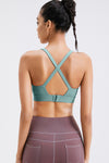 LC264638-P2209-S, LC264638-P2209-M, LC264638-P2209-L, LC264638-P2209-XL, Moonlight Jade Solid Color Criss Cross Back Push Up Sports Bra