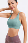 LC264638-P2209-S, LC264638-P2209-M, LC264638-P2209-L, LC264638-P2209-XL, Moonlight Jade Solid Color Criss Cross Back Push Up Sports Bra