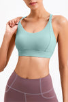 LC264638-P2209-S, LC264638-P2209-M, LC264638-P2209-L, LC264638-P2209-XL, Moonlight Jade Solid Color Criss Cross Back Push Up Sports Bra