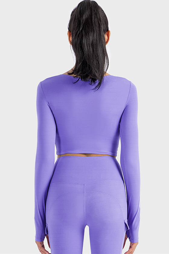 LC264641-P408-S, LC264641-P408-M, LC264641-P408-L, LC264641-P408-XL, Lilac V Neck Long Sleeve Cropped Sports Top