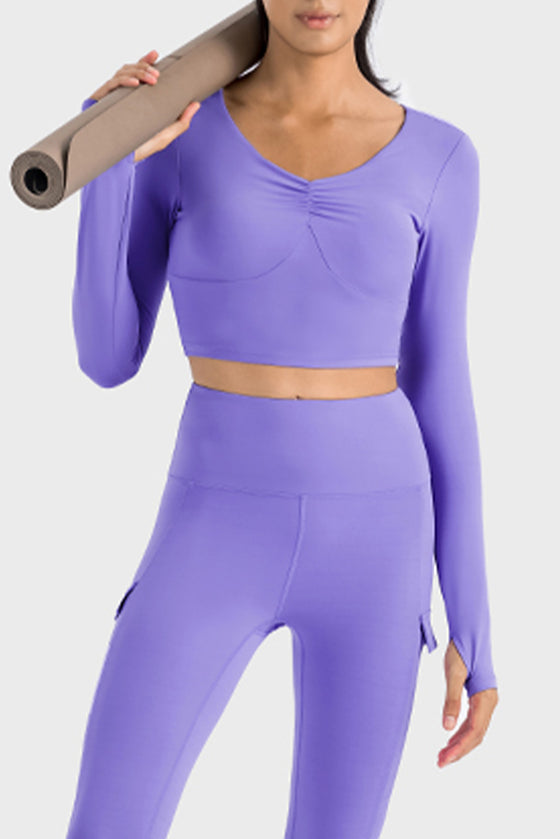 LC264641-P408-S, LC264641-P408-M, LC264641-P408-L, LC264641-P408-XL, Lilac V Neck Long Sleeve Cropped Sports Top