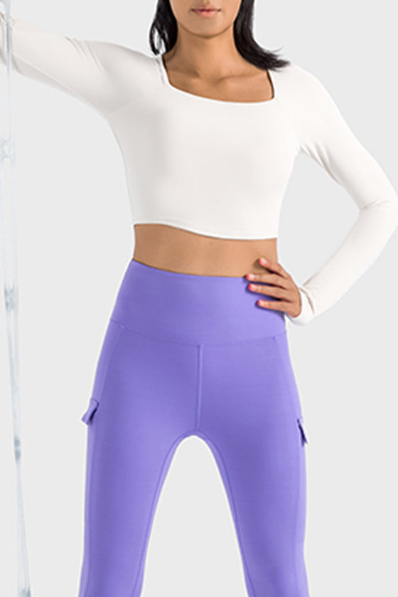 LC264640-P1-S, LC264640-P1-M, LC264640-P1-L, LC264640-P1-XL, White Square Neck Long Sleeve Active Top
