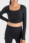 LC264640-P2-S, LC264640-P2-M, LC264640-P2-L, LC264640-P2-XL, Black Square Neck Long Sleeve Active Top