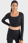 LC264640-P2-S, LC264640-P2-M, LC264640-P2-L, LC264640-P2-XL, Black Square Neck Long Sleeve Active Top