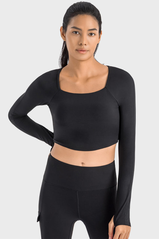 LC264640-P2-S, LC264640-P2-M, LC264640-P2-L, LC264640-P2-XL, Black Square Neck Long Sleeve Active Top