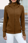 LC266021-P17-S, LC266021-P17-M, LC266021-P17-L, LC266021-P17-XL, Brown Thumbhole Sleeve Zip Up Sports Hooded Jacket