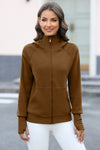 LC266021-P17-S, LC266021-P17-M, LC266021-P17-L, LC266021-P17-XL, Brown Thumbhole Sleeve Zip Up Sports Hooded Jacket