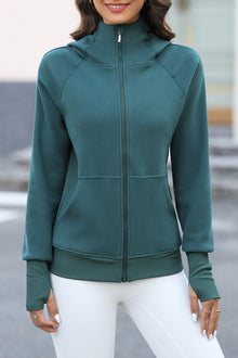  LC266021-P1709-S, LC266021-P1709-M, LC266021-P1709-L, LC266021-P1709-XL, Sea Green Thumbhole Sleeve Zip Up Sports Hooded Jacket