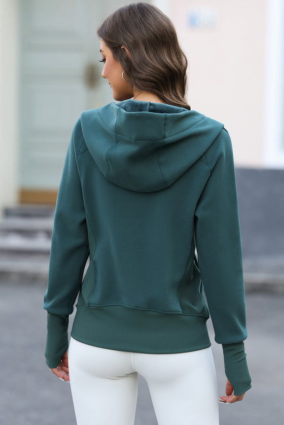 LC266021-P1709-S, LC266021-P1709-M, LC266021-P1709-L, LC266021-P1709-XL, Sea Green Thumbhole Sleeve Zip Up Sports Hooded Jacket