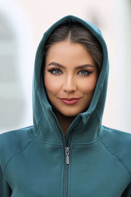 LC266021-P1709-S, LC266021-P1709-M, LC266021-P1709-L, LC266021-P1709-XL, Sea Green Thumbhole Sleeve Zip Up Sports Hooded Jacket