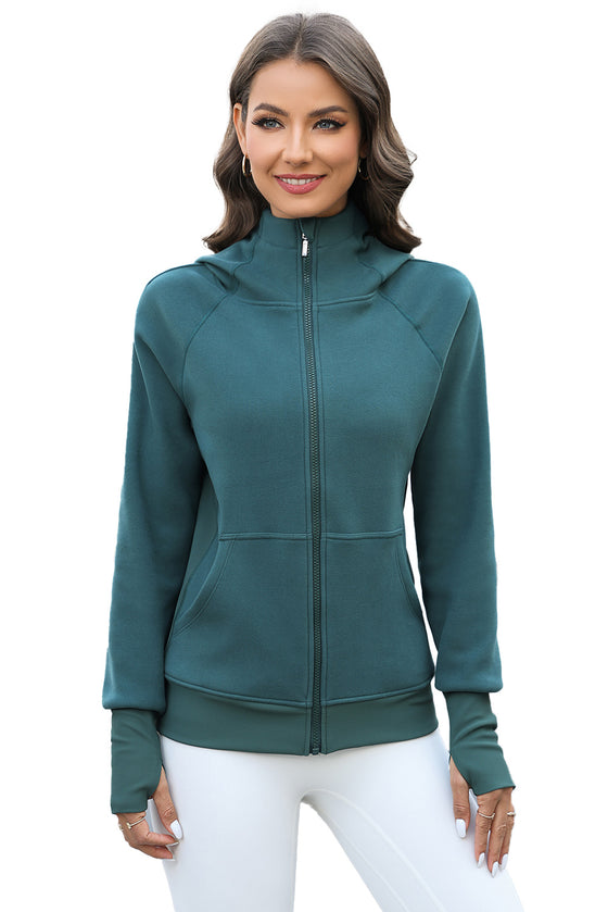 LC266021-P1709-S, LC266021-P1709-M, LC266021-P1709-L, LC266021-P1709-XL, Sea Green Thumbhole Sleeve Zip Up Sports Hooded Jacket