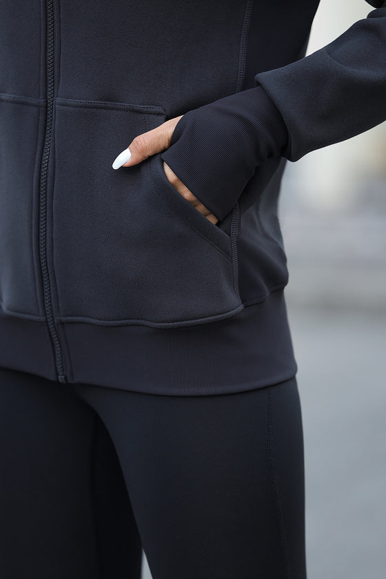 LC266021-P4011-S, LC266021-P4011-M, LC266021-P4011-L, LC266021-P4011-XL, Carbon Grey Thumbhole Sleeve Zip Up Sports Hooded Jacket