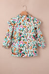 PACK25123718-22-1, Multicolor Abstract Print 3/4 Puff Sleeve Ruffle Blouse