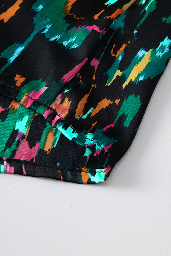 PACK25123718-P22-1, Multicolour Abstract Print 3/4 Puff Sleeve Ruffle Blouse