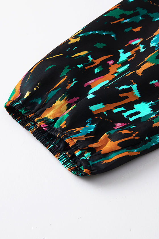 PACK25123718-P22-1, Multicolour Abstract Print 3/4 Puff Sleeve Ruffle Blouse