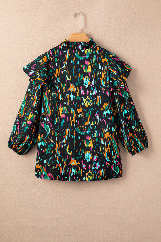 PACK25123718-P22-1, Multicolour Abstract Print 3/4 Puff Sleeve Ruffle Blouse
