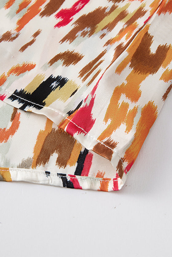 PACK25123718-P2022-1, Multicolour Abstract Print 3/4 Puff Sleeve Ruffle Blouse