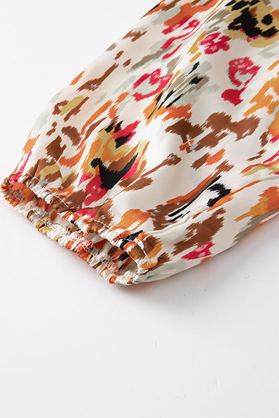 PACK25123718-P2022-1, Multicolour Abstract Print 3/4 Puff Sleeve Ruffle Blouse