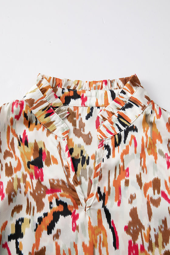 PACK25123718-P2022-1, Multicolour Abstract Print 3/4 Puff Sleeve Ruffle Blouse