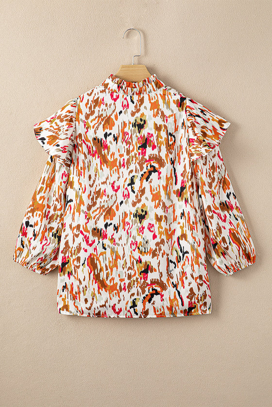 PACK25123718-P2022-1, Multicolour Abstract Print 3/4 Puff Sleeve Ruffle Blouse