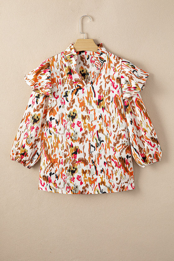 PACK25123718-P2022-1, Multicolour Abstract Print 3/4 Puff Sleeve Ruffle Blouse