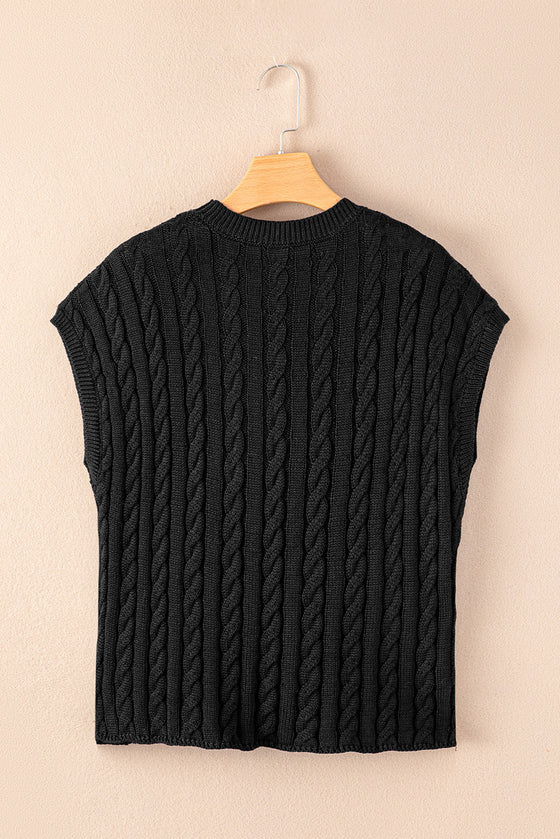 PACK2724323-P2-2, Black Crew Neck Cable Knit Short Sleeve Sweater