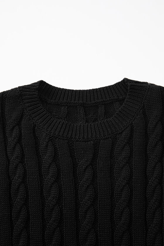 PACK2724323-P2-2, Black Crew Neck Cable Knit Short Sleeve Sweater