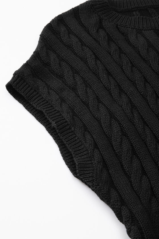 PACK2724323-P2-2, Black Crew Neck Cable Knit Short Sleeve Sweater