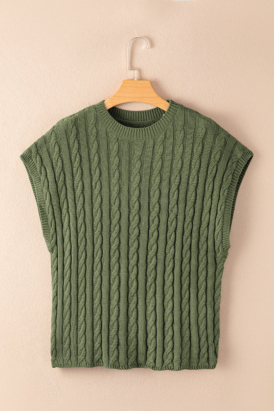 PACK2724323-P609-1, Jungle Green Crew Neck Cable Knit Short Sleeve Sweater
