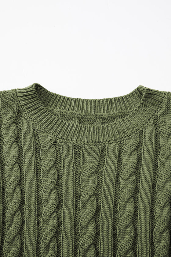 PACK2724323-P609-1, Jungle Green Crew Neck Cable Knit Short Sleeve Sweater