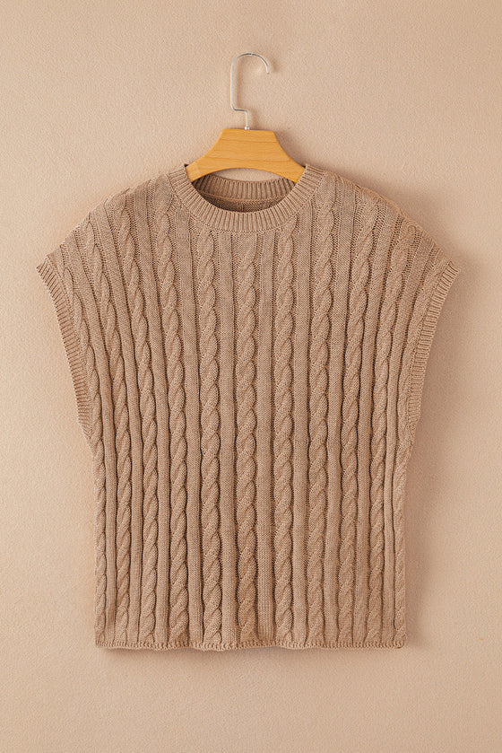 PACK2724323-P4016-2, Light French Beige Crew Neck Cable Knit Short Sleeve Sweater