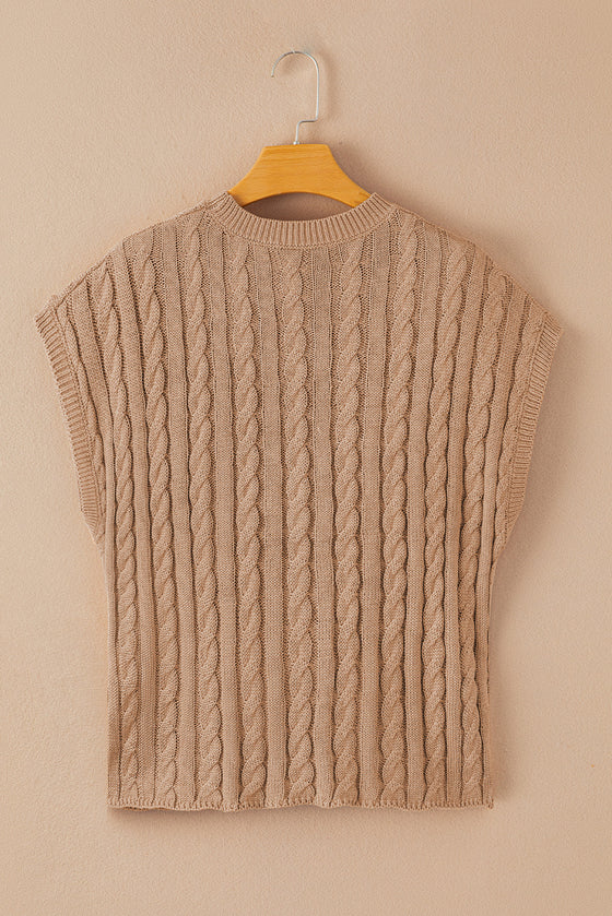 PACK2724323-P4016-2, Light French Beige Crew Neck Cable Knit Short Sleeve Sweater