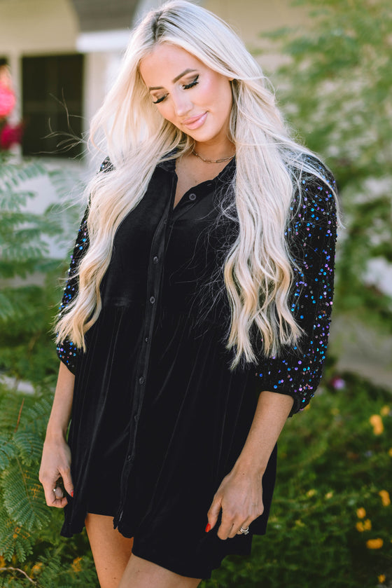 PACK25124856-P2-1, Black Sequin Puff Sleeve Buttoned Velvet Peplum Shirt