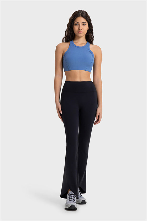 LC265439-P2-S, LC265439-P2-M, LC265439-P2-L, Black Solid Color High Waist Active Flare Leggings