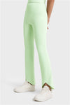 LC265439-P809-S, LC265439-P809-M, LC265439-P809-L, Light Green Solid Color High Waist Active Flare Leggings