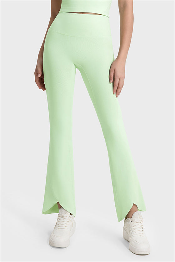 LC265439-P809-S, LC265439-P809-M, LC265439-P809-L, Light Green Solid Color High Waist Active Flare Leggings