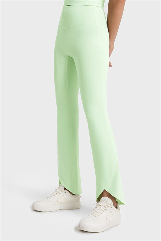 LC265439-P809-S, LC265439-P809-M, LC265439-P809-L, Light Green Solid Color High Waist Active Flare Leggings