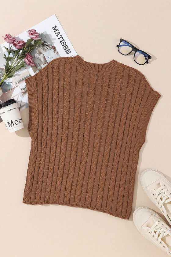 PACK2724323-P2017-2, Chestnut Crew Neck Cable Knit Short Sleeve Sweater