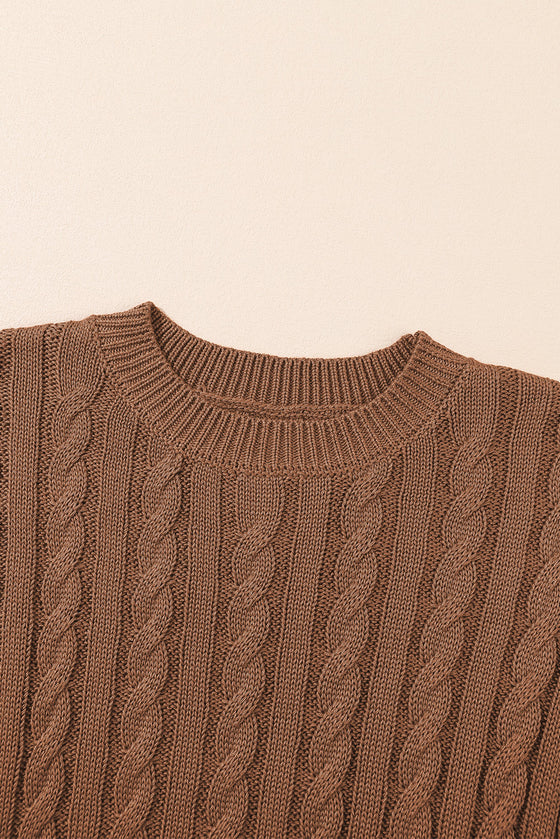 PACK2724323-P2017-2, Chestnut Crew Neck Cable Knit Short Sleeve Sweater