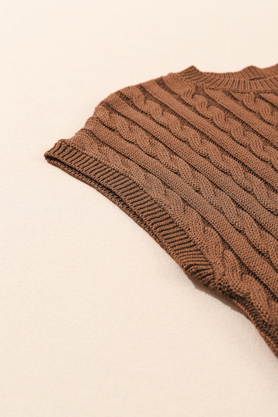 PACK2724323-P2017-2, Chestnut Crew Neck Cable Knit Short Sleeve Sweater