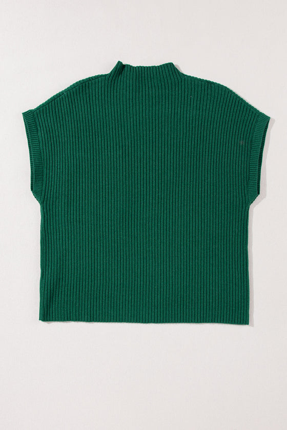 PACK2724250-P309-2, Blackish Green Patch Pocket Ribbed Knit Short Sleeve Sweater