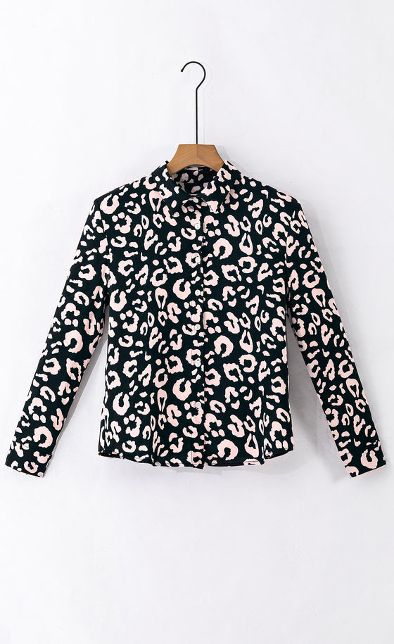 PACK2554371-P2-1, Black Leopard Print Button Up Long Sleeve Shirt