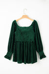 PACK25123661-P309-1, Blackish Green Smocked Ribbed Velvet Babydoll Top