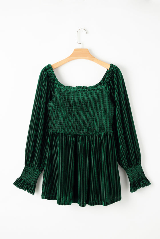 PACK25123661-P309-1, Blackish Green Smocked Ribbed Velvet Babydoll Top