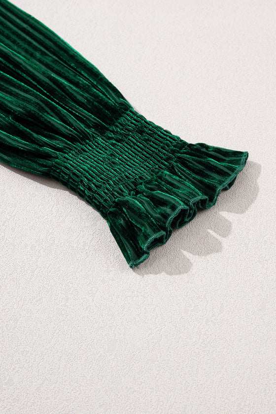 PACK25123661-P309-1, Blackish Green Smocked Ribbed Velvet Babydoll Top