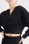 LC264642-P2-S, LC264642-P2-M, LC264642-P2-L, LC264642-P2-XL, Black Zip Closure Long Sleeve Hooded Crop Sports Top